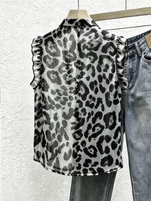 SHEIN Franclia 女款全印花荷葉邊休閒浪漫優雅百搭日常出遊襯衫 度假風黑白豹紋 夏季早午餐 - 黑與白 - 查看 3