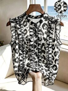 SHEIN Franclia 女款全印花荷葉邊休閒浪漫優雅百搭日常出遊襯衫 度假風黑白豹紋 夏季早午餐 - 黑與白 - 查看 2