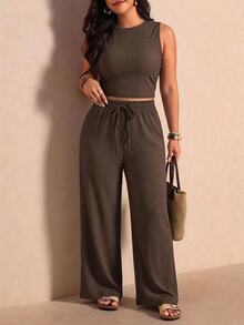 Melodosi Brown Textured Fabric Tank Top And Long Pants Plus Size 2 Pieces Set - Mocha Brown - View 3