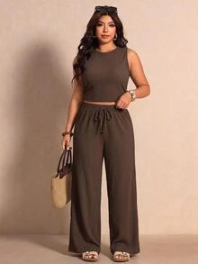 Melodosi Brown Textured Fabric Tank Top And Long Pants Plus Size 2 Pieces Set - Mocha Brown - View 4