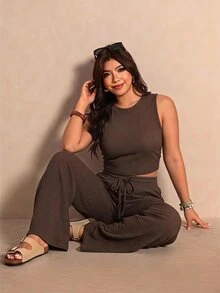 Melodosi Brown Textured Fabric Tank Top And Long Pants Plus Size 2 Pieces Set - Mocha Brown - View 6