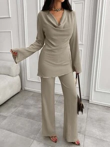 SHEIN Petite Size Women Mocha Brown Solid Color 2 Pieces Outfits For Women Casual Boho Set - Mocha Brown - View 9