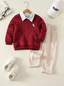 SHEIN 2件組兒童小男孩秋冬休閒紅色運動衫與休閒長褲套裝，運動衫套裝，男孩套裝，秋冬套裝，校園套裝，聖誕套裝 - 彩色 - 查看 4
