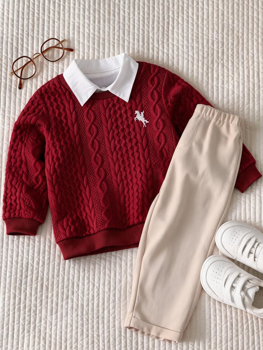 SHEIN 2pcs Kids Young Boy Autumn/Winter Casual Red Sweatshirt And Casual Pants Set, Sweatshirt Set, Boys Outfit, Autumn/Winter Set, School Set, Christmas Set - Multicolor - View 1