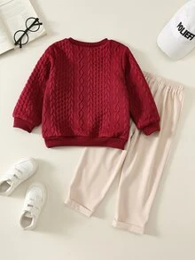 SHEIN 2件組兒童小男孩秋冬休閒紅色運動衫與休閒長褲套裝，運動衫套裝，男孩套裝，秋冬套裝，校園套裝，聖誕套裝 - 彩色 - 查看 2