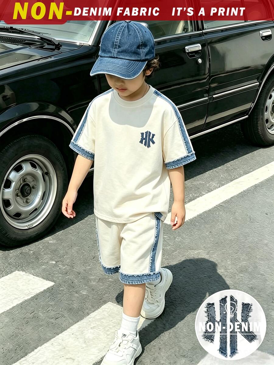 小男孩時尚圓領短袖T恤與短褲套裝，2件套服裝，字母圖案設計，度假風，適合假期派對，春/夏/秋季，休閒舒適，男孩夏季穿著首選，時尚休閒套裝，春/夏/秋季街頭風，休閒外出穿著
