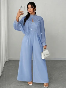 Elenzga Plus Size Women Light Blue Summer Elegant Wedding Guest Chiffon Beaded & Rhinestone Stand Collar Long Sleeve Top And Strapless Wide Leg Jumpsuit Set - Blue - View 5