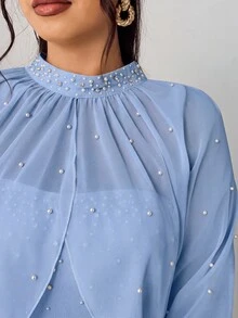 Elenzga Plus Size Women Light Blue Summer Elegant Wedding Guest Chiffon Beaded & Rhinestone Stand Collar Long Sleeve Top And Strapless Wide Leg Jumpsuit Set - Blue - View 8