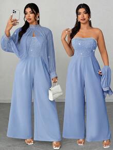 Elenzga Plus Size Women Light Blue Summer Elegant Wedding Guest Chiffon Beaded & Rhinestone Stand Collar Long Sleeve Top And Strapless Wide Leg Jumpsuit Set - Blue - View 1