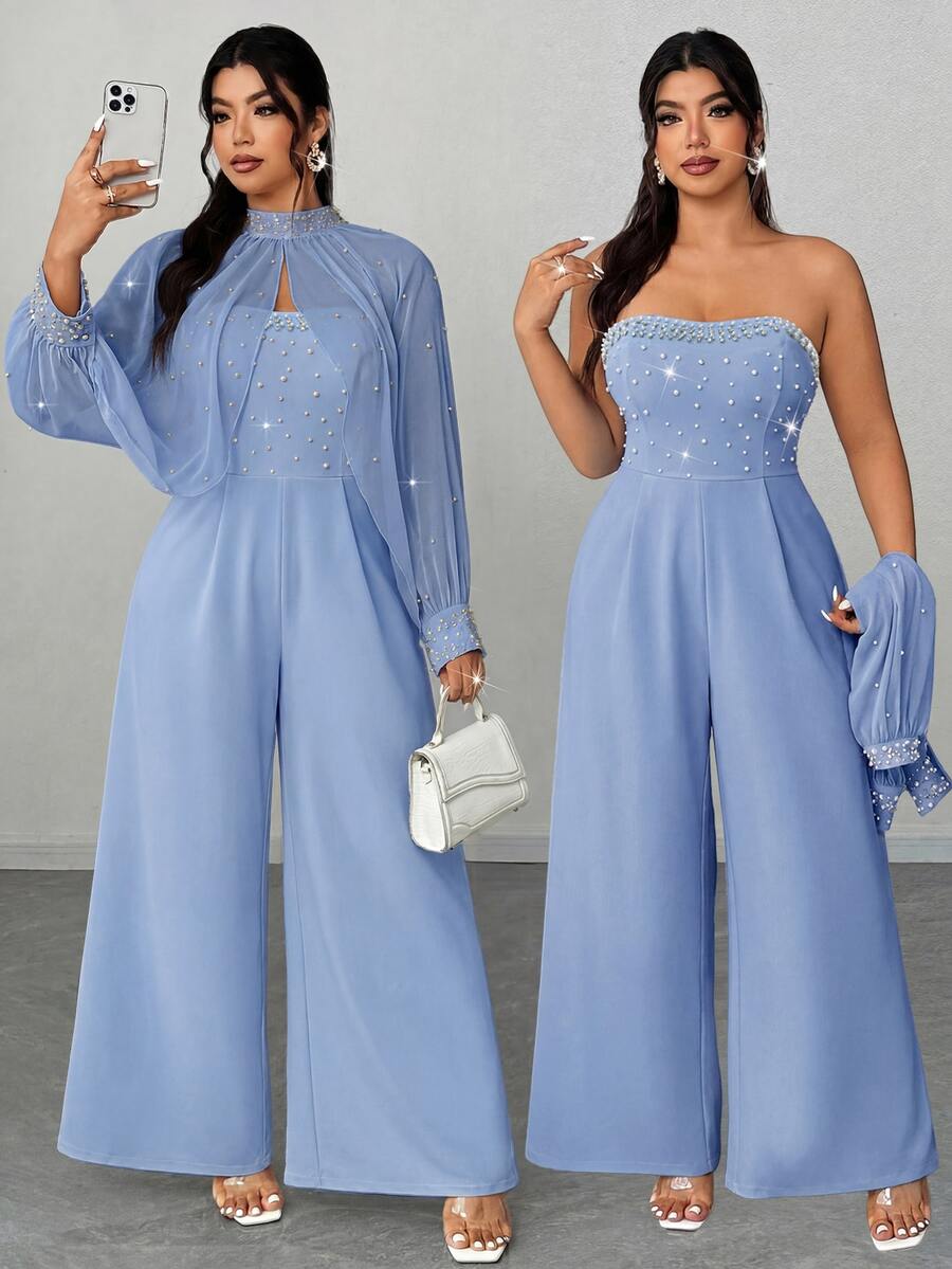 Elenzga Plus Size Women Light Blue Summer Elegant Wedding Guest Chiffon Beaded & Rhinestone Stand Collar Long Sleeve Top And Strapless Wide Leg Jumpsuit Set - Blue - View 1