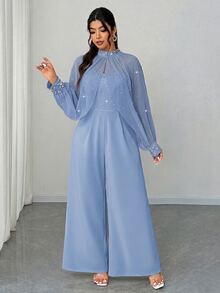 Elenzga Plus Size Women Light Blue Summer Elegant Wedding Guest Chiffon Beaded & Rhinestone Stand Collar Long Sleeve Top And Strapless Wide Leg Jumpsuit Set - Blue - View 7
