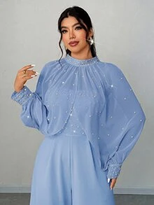 Elenzga Plus Size Women Light Blue Summer Elegant Wedding Guest Chiffon Beaded & Rhinestone Stand Collar Long Sleeve Top And Strapless Wide Leg Jumpsuit Set - Blue - View 6