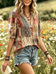 SHEIN بلوزة فضفاضة بمقاس كبير بتصميم عتيق بنقشة بايزلي وزهور مرقعة وياقة على شكل حرف V وأكمام بتصميم بتلات وحافة مكشكشة - متعدد الألوان - مشاهدة 3