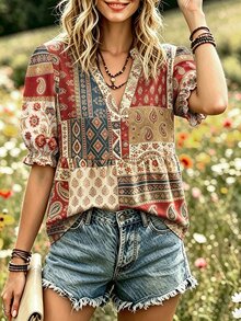 SHEIN بلوزة فضفاضة بمقاس كبير بتصميم عتيق بنقشة بايزلي وزهور مرقعة وياقة على شكل حرف V وأكمام بتصميم بتلات وحافة مكشكشة - متعدد الألوان - مشاهدة 4