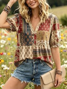 SHEIN بلوزة فضفاضة بمقاس كبير بتصميم عتيق بنقشة بايزلي وزهور مرقعة وياقة على شكل حرف V وأكمام بتصميم بتلات وحافة مكشكشة - متعدد الألوان - مشاهدة 1