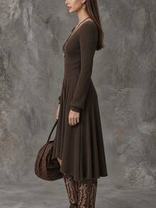 Solivie Women's Vintage Asymmetrical Hem Long Sleeve Dress, Autumn/Winter Elegant Long Dress Work Outfits For Women Going Out Dresses - Brown - View 6