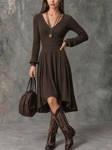 Solivie Women's Vintage Asymmetrical Hem Long Sleeve Dress, Autumn/Winter Elegant Long Dress Work Outfits For Women Going Out Dresses - Brown - View 3