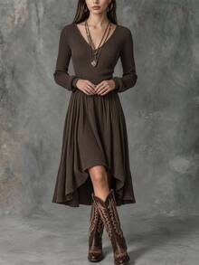 Solivie Women's Vintage Asymmetrical Hem Long Sleeve Dress, Autumn/Winter Elegant Long Dress Work Outfits For Women Going Out Dresses - Brown - View 4