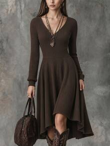 Solivie Women's Vintage Asymmetrical Hem Long Sleeve Dress, Autumn/Winter Elegant Long Dress Work Outfits For Women Going Out Dresses - Brown - View 1