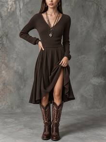 Solivie Women's Vintage Asymmetrical Hem Long Sleeve Dress, Autumn/Winter Elegant Long Dress Work Outfits For Women Going Out Dresses - Brown - View 5