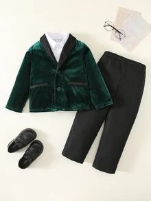 SHEIN 2件組男童小男孩秋冬抓絨內裡加厚翻領開襟夾克休閒長褲黑色西裝褲兩件套 綠色紳士套裝 男孩紳士西裝 派對裝飾裝扮聖誕套裝 - 彩色 - 查看 3
