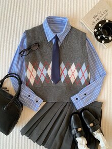 Comfortcana 女款菱格紋休閒復古深色學院風學院風日常上學針織背心 藍灰色 秋季 - 彩色 - 查看 6