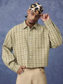 PAVTROS Men's Vintage Black Plaid Long Sleeve Shirt, Dual Chest Pockets Loose Streetwear Top - Apricot - View 6