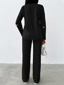SHEIN Tall Size Women Black Solid Color Drop Shoulder Long Sleeve Button Detailed Tee& Casual Pants - Black - View 2