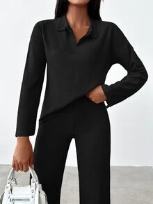 SHEIN Tall Size Women Black Solid Color Drop Shoulder Long Sleeve Button Detailed Tee& Casual Pants - Black - View 4