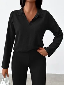 SHEIN Tall Size Women Black Solid Color Drop Shoulder Long Sleeve Button Detailed Tee& Casual Pants - Black - View 7