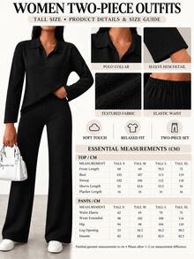 SHEIN Tall Size Women Black Solid Color Drop Shoulder Long Sleeve Button Detailed Tee& Casual Pants - Black - View 3