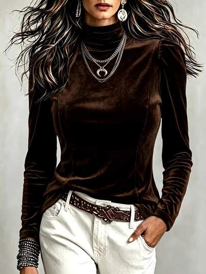 SHEIN Women's Elegant Casual Base Slim Fitted Cut Half High Neck Decorative Shoulder Puff Detail New Year Christmas Dinner Office Coffee Brown Fall