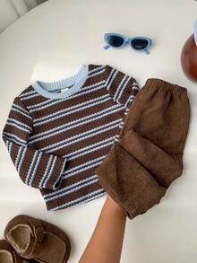 SHEIN 2件組男嬰秋冬字母圖案撞色圓領長袖套頭T恤與鬆緊腰長褲套裝，條紋T恤套裝，嬰幼兒套裝 - 彩色 - 查看 9