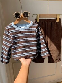 SHEIN 2件組男嬰秋冬字母圖案撞色圓領長袖套頭T恤與鬆緊腰長褲套裝，條紋T恤套裝，嬰幼兒套裝 - 彩色 - 查看 3
