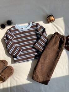 SHEIN 2件組男嬰秋冬字母圖案撞色圓領長袖套頭T恤與鬆緊腰長褲套裝，條紋T恤套裝，嬰幼兒套裝 - 彩色 - 查看 1