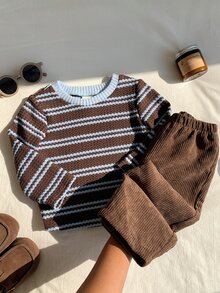 SHEIN 2件組男嬰秋冬字母圖案撞色圓領長袖套頭T恤與鬆緊腰長褲套裝，條紋T恤套裝，嬰幼兒套裝 - 彩色 - 查看 6