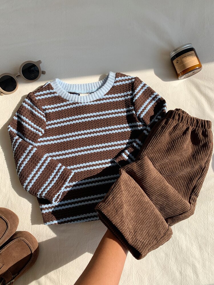 SHEIN 2pcs Baby Boy Autumn/Winter Letter Pattern Contrast Color Crew Neck Long Sleeve Pullover T-Shirt & Elastic Waist Long Pants Set, Striped T-Shirt Outfit, Infant Toddler Set - Multicolor - View 6