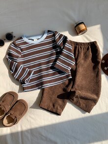 SHEIN 2件組男嬰秋冬字母圖案撞色圓領長袖套頭T恤與鬆緊腰長褲套裝，條紋T恤套裝，嬰幼兒套裝 - 彩色 - 查看 8