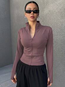 DAZY Ladies' Solid Color Slim Fit Simple Style Spring And Summer Long Sleeve Jacket,Fall Women Clothes - Red Violet - View 5