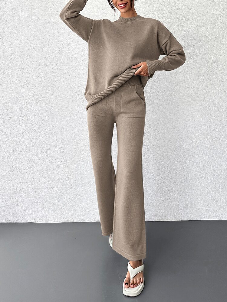 Cloudara 2pcs/set Women's Solid Color Round Neck Drop Shoulder Sweater And Knitted Straight Pants - Beige - View 2