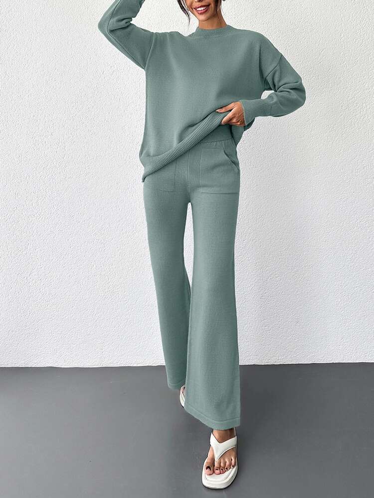 Cloudara Solid Drop Shoulder Sweater & Knit Pants - Mint Green - View 5