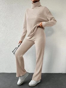 Cloudara Conjunto de dos piezas con camiseta de cuello alto y falda larga - Albaricoque - Ver 7
