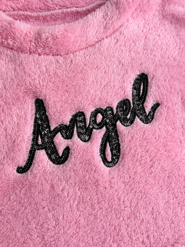 SHEIN Cottnline طقم ملابس نوم نسائي كاجوال لطيف للاستخدام اليومي والمنزلي، ملابس علوية بأكمام طويلة مطبوعة بحروف وبنطال، لون وردي وأسود ووردي فاتح، شتوي - وردي - مشاهدة 6
