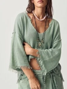 Bohemela Women's V-Neck Drop Shoulder Raw Edge Cropped Distressed Cable Knit Sweater - Green - View 9