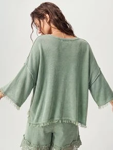 Bohemela Women's V-Neck Drop Shoulder Raw Edge Cropped Distressed Cable Knit Sweater - Green - View 5