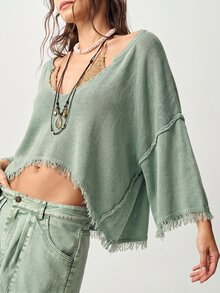 Bohemela Women's V-Neck Drop Shoulder Raw Edge Cropped Distressed Cable Knit Sweater - Green - View 6