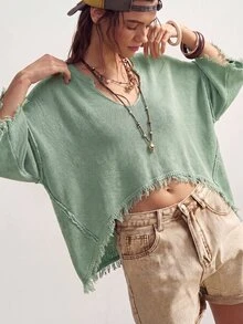 Bohemela Women's V-Neck Drop Shoulder Raw Edge Cropped Distressed Cable Knit Sweater - Green - View 11