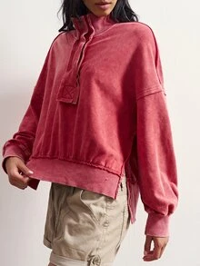 Bohemela Casual Retro Grunge Streetwear Solid Color Knit Long Sleeve Loose Fit Women's Sweatshirt Travel Rose Red Autumn Everyday School Everyday School - Red - View 8