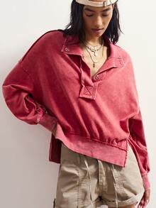 Bohemela Casual Retro Grunge Streetwear Solid Color Knit Long Sleeve Loose Fit Women's Sweatshirt Travel Rose Red Autumn Everyday School Everyday School - Red - View 4