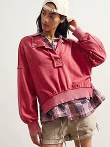 Bohemela Casual Retro Grunge Streetwear Solid Color Knit Long Sleeve Loose Fit Women's Sweatshirt Travel Rose Red Autumn Everyday School Everyday School - Red - View 2